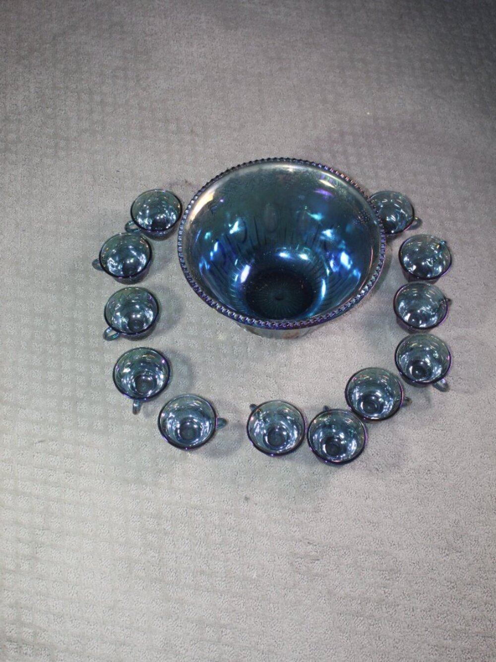 Vintage Indiana Glass Co Iridescent Blue Carnival Glass Punch Bowl & 12 Glasses